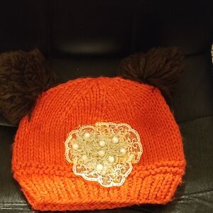 Orange Knit Kids Hat with Brown Pom Poms